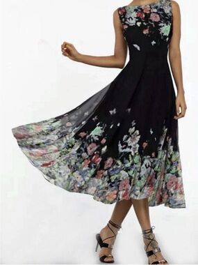 NWT Floryday Black Floral Butterfly Chiffon Midi Dress Fit & Flare Size Small